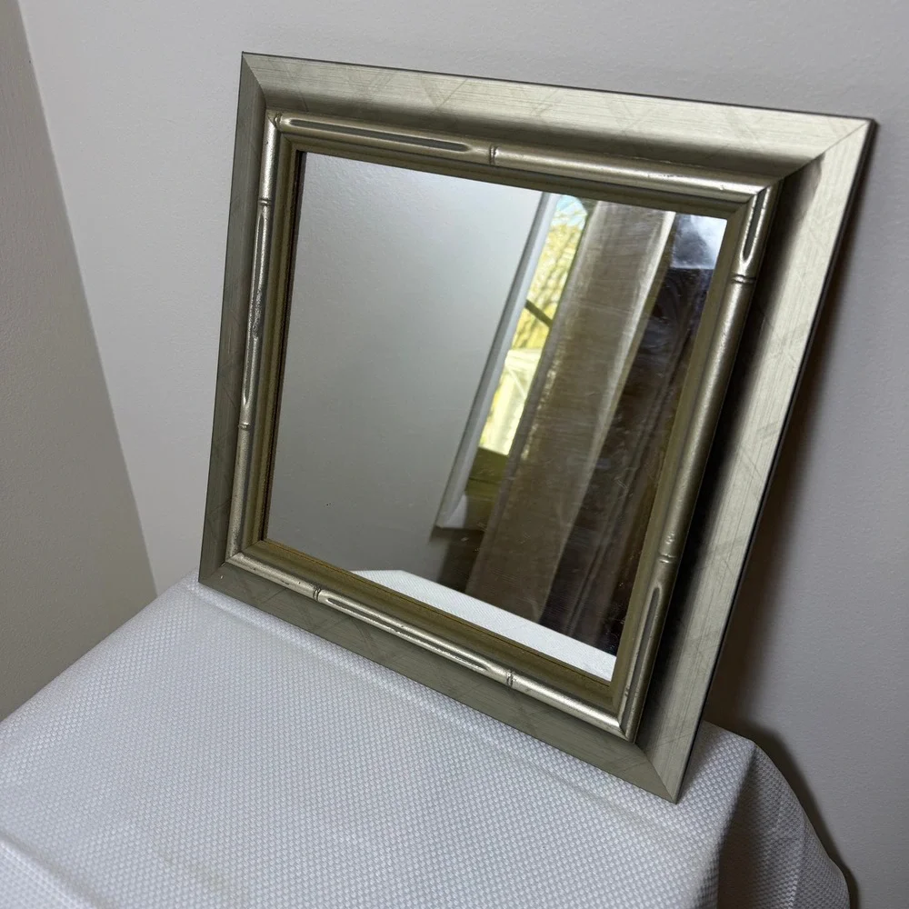 Silver Champagne Faux Bamboo Square Wall Mirror Hollywood Regency‎ 13.5x13.5